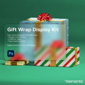 Op de afbeelding: Een display kit met cadeaupapier mockups. De afbeelding toont ingepakte cadeaus met diverse patronen, waaronder een blauwe met een sneeuwpop ontwerp en een rode strik. Tekst op de afbeelding luidt "Gift Wrap Display Kit" en details over aanpassingsopties.