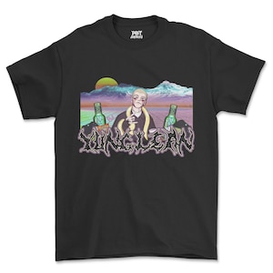 May include: A black short-sleeved t-shirt featuring a graphic print of a person with a snake, two green bottles, and a mountain landscape background. The text YUNG LEAN is printed in a stylised font below the graphic, and POST ARCHIVES is on the inner neck.