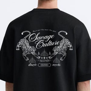Twin Tigers Sak Yant Tattoo Design Thai Spiritual Yantra Line Art Bold Protection Symbol Printable Tattoo Graphic Savage Culture tee Design