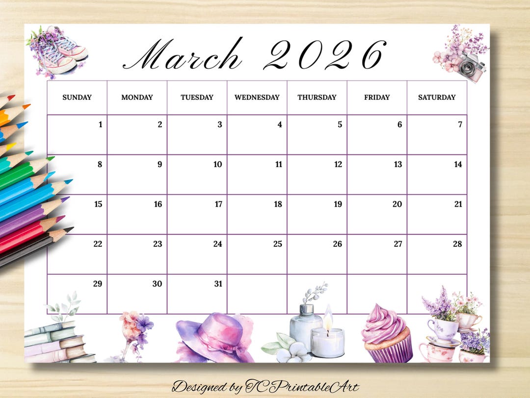 March 2026 Calendar, Floral Watercolor Art, Kitchen Wall Planner ...