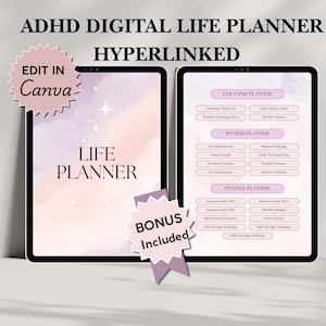May include: Two digital tablets displaying a digital life planner. The left tablet shows "Life Planner" with a watercolor background. The right tablet displays a cleaning, fitness, and finance planner. Includes a "Bonus Included" sticker.