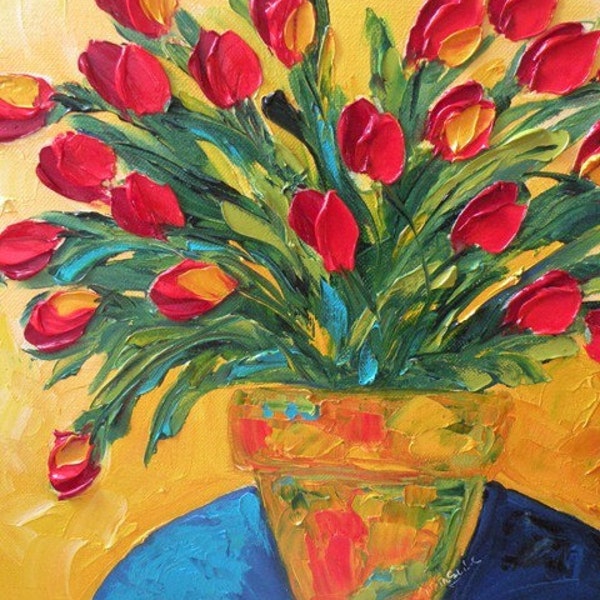 Original Impasto Oil Red Tulips