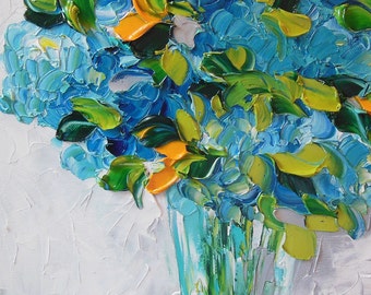 Original Oil Painting Fine Art Impasto Blue Hydrangeas Still life