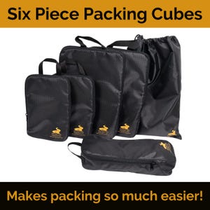 May include: Six black packing cubes with a yellow logo and a black drawstring bag. The cubes are made of a lightweight, water-resistant material and are designed to help you organize your luggage.