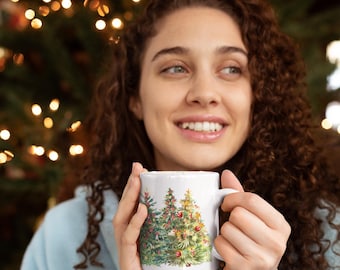 Festive Christmas Trees 11oz Ceramic Mug - Dishwasher & Microwave Safe Gift