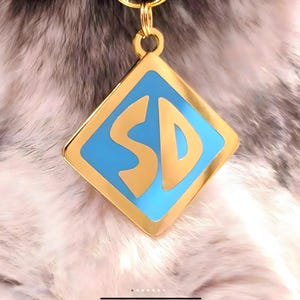 May include: A gold-colored, diamond-shaped pendant with a light blue center. The center features the gold letters "SD". The pendant is attached to a gold chain. The background is a soft, furry texture.