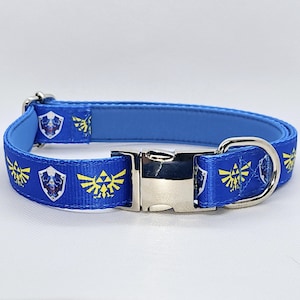Knight Pet Dog Cat Adjustable collar metal buckle padded heavy duty blue shield walk gift present silver clasp extra small medium large