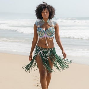 Mermaid Siren Sea Witch Costume – Pearl-Covered Bra Top, Macrame Draped Pearl Skirt