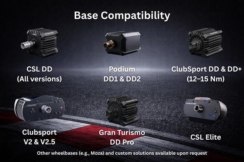 May include: An image displaying the "Base Compatibility" of various racing wheelbases. The image features several black racing wheelbases, including CSL DD, Podium DD1 & DD2, ClubSport DD & DD+, Clubsport V2 & V2.5, Gran Turismo DD Pro, and CSL Elite.