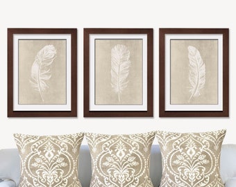 Feathers (Series D3) Set of 3 - Art Prints (Featured in Cream Stone Wash) Nature Woodland Inspired
