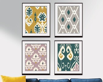 Ikat and Geometric Patterns (Series K) Ensemble de 4 - Estampes d'art (en vedette dans la moutarde, Taupe, Mauve et émeraude) Modern vintage Home Decor