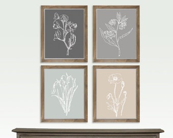 Flower Sketch (Series 4B) Set of 4 Art Prints (Featured in Charcoal, Dolphin, Fog Grey, French Grey) Botanical Flower Art Print / Poster