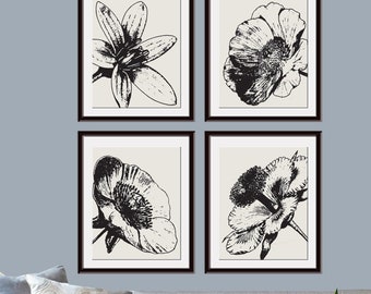 Flower Heads (Series K) Set of 4 - Art Prints (Featured in Black on Soft China) Colors Customizable