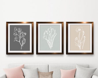 Flower Sketch (Series B) Set of 3 Art Prints (Featured in Charcoal, Fog Grey, French Grey) Botanical Flower Art Print / Poster