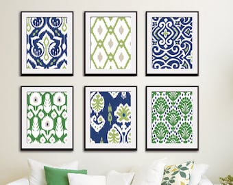 Ikat and Geometric Patterns (Series G6) Set of 6 - Art Prints (Featured in Deep Blue, Basil and Clover) Blue Ikat Wall Art