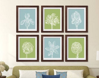 Flower Heads (Series D) Set of 6 - Art Prints (Featured in Basil and Slate blue) Colors Customizable