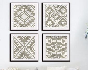 Navajo Indian inspired Geometric Patterns (Series A4) Set of 4 Art Prints (Featured in Distressed Stone Wash) Modern Tribal Art