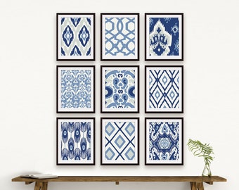 Ikat Wall Art Geometric Wall Art Set of 9 Art Prints (Series E2 Featured Shades of Deep Blue) Navy Blue Boho Art Print Set 9 Blue Art Wall