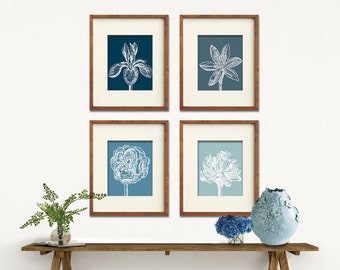 Flower Heads (Series C) Set of 4 - Art Prints (Featured in Navy, Denim Blue, Blue Linen and Slate Blue) Colors Customizable