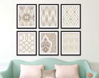 Ikat and Geometric Patterns (Series G2) Set of 6 - Art Prints (Featured in Shades of French Grey ) Navy Blue Ikat Wall Art