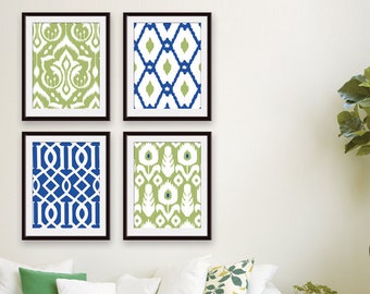 Ikat and Geometric Patterns (Series J) Set of 4 - Art Prints (Featured in Marine and Basil) Modern Vintage Home Decor