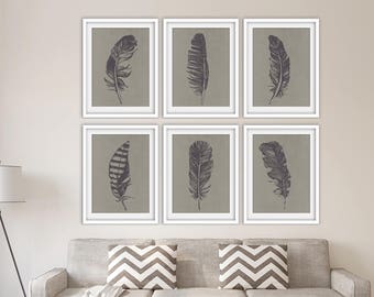 Birds of a Feather (Series 6A) Set of 6 - Art Prints (Featured in River Rock on Pale Gravel Silk) Feather Wall Art