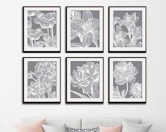 Glamour Garden Botanicals (Series C) - Set of 6- Art Prints (Featured in Dolphin Grey) Botanical Plant Sketch Art Print