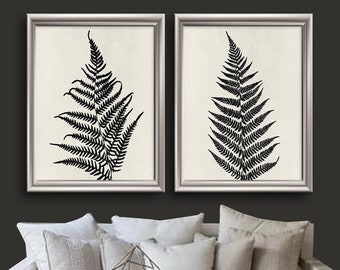 Ferns of Tuscany (Series B2) Set of 2 - Art Prints (Featured in Black on Soft Stone Wash) Nature Woodland Inspired / Black / Cream Botanical