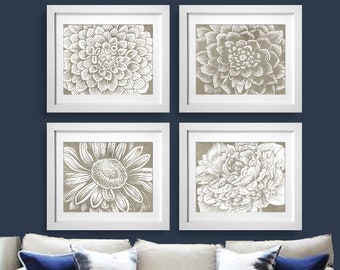 Botanical Wall Decor Set of 4 Unframed Art Prints Neutral Wall Art (Series D6 Horizontal Featured in Italian Stone) Floral Set Print Art