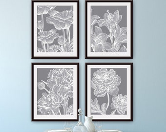 Glamour Garden Botanicals (Series B) - Set of 4- Art Prints (Featured in Dolphin Grey) Botanical Plant Sketch Art Print