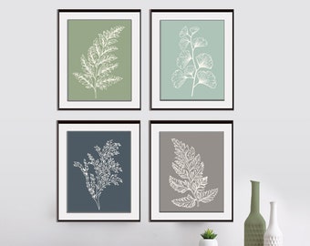 Fields of Forest (Series 4A) Set of 4- Art Prints (Featured in Green and Grey Color Scheme) Botanical Plant Sketch Art Print