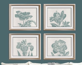 Botanical Wild Flower Impressions (Series B Horizontal) Set of 4 Art Prints (Featured on Dark Slate Blue on Silk Gown) Botanical Plant Art