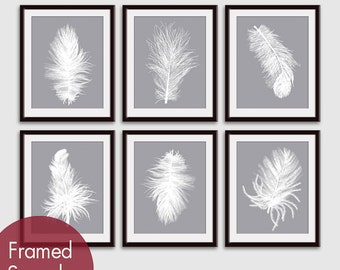 Feathers (Series A26) Set of 6 - Art Prints (Featured in White on Dolphin) Feather Wall Art