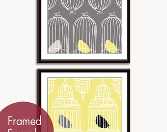 Paris Bird Cage (B et C) Art Print (présenté en gravier, Canaries, Champagne et noir) oiseau Français moderne Art Print