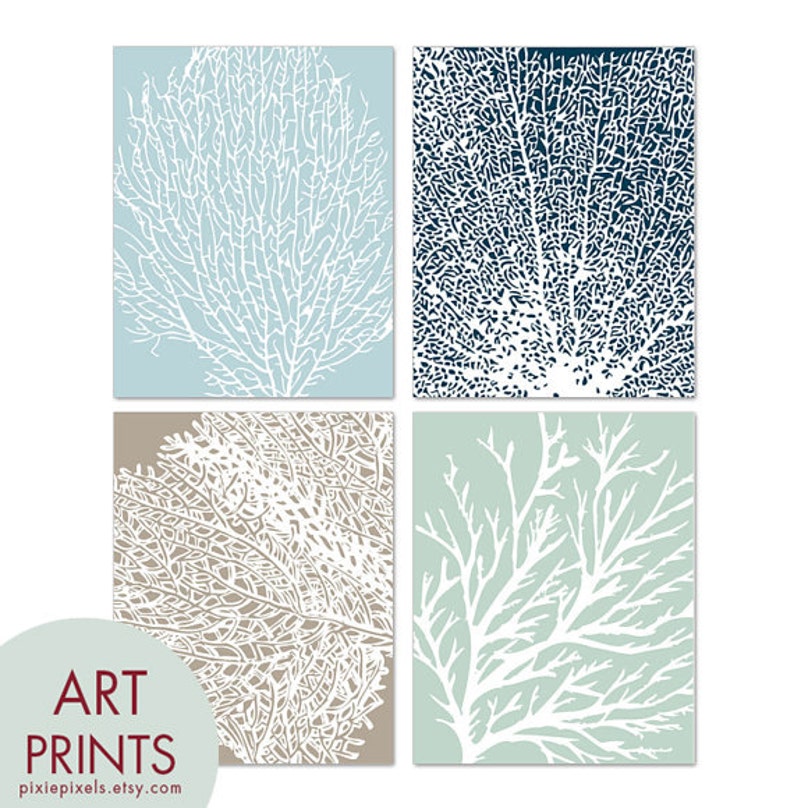 Underwater Sea Coral Collection Series C Set of 4 Art Prints Featured in Glacier Blue, Navy, Truffle Brown and Silver Sage image 2