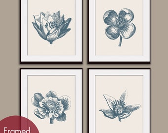 Botanical Flower Bud Prints (Series A) Set of 4 - Art Prints (Featured in Denim Blue with a soft French Grey)
