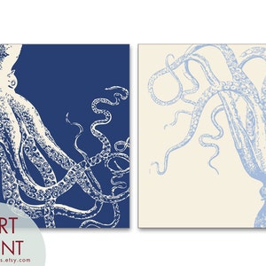 Octopus Wall Art Blue Octopus Art Print Unframed Nautical Home Decor Beach House Art Octopus Home Decor Set of 2 Art Prints image 2