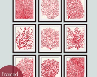 Underwater Sea Coral Collection (Series K) Set of 9 - Art Prints (Featured in Ruby Red on Soft Cream) Nautical Ocean Inspired Art