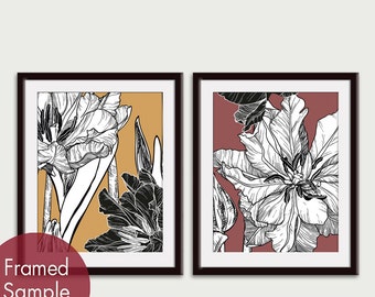 Modern Botanicals - Spring Flowers - Set of 2 - Art Prints (Featured in Black on Oak Buff and Marsala) Botanical Art Print