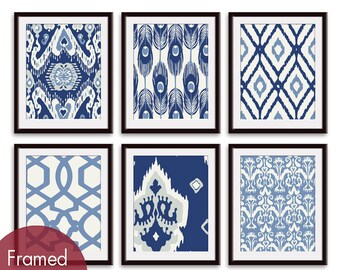 Ikat and Geometric Patterns (Series G2) Set of 6 - Art Prints (Featured in Shades of Deep Blue ) Navy Blue Ikat Wall Art