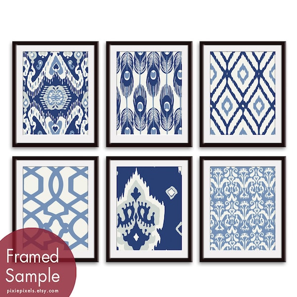 Ikat and Geometric Patterns (Series G2) Set of 6 - Art Prints (Featured in Shades of Deep Blue ) Navy Blue Ikat Wall Art