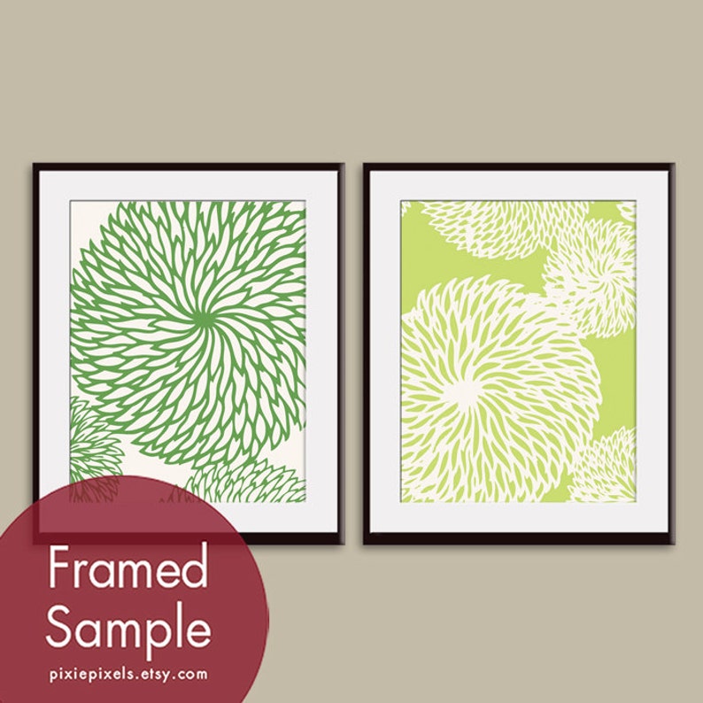 Modern Chrysantemum Flowers Series C Set of 2 Art Prints Featured in Apple and Kiwi and Soft Cream Customized Colors image 1