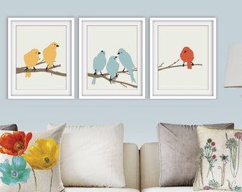 Série Birds on a Branch - Ensemble de 3 - Tirages d’art (Featured Sun kissed, Slate Blue et orange brûlé) Couleurs personnalisables