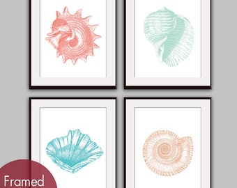 Underwater Sea Shell Collection (Series A1) - Set of 4 - Art Prints - (Featured in Coral Rose, Duck Egg, Ocean Blue and Ginger)