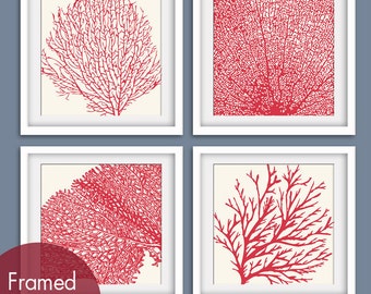 Underwater Sea Coral Collection (Series C) Set of 4 - Square Art Poster Prints (Featured in Soft Cream and Ruby Red)