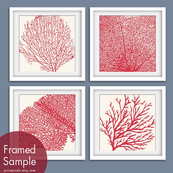 Underwater Sea Coral Collection (Series C) Set of 4 - Square Art Poster Prints (Featured in Soft Cream and Ruby Red)