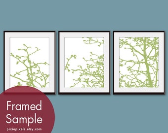 Cherry Blossom Tree Branches (Series D) Set of 3 - Art Prints (Featured in Basil and White) Nature Woodland Inspired