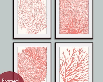 Underwater Sea Coral Collection (Series C) Set of 4 - Art Prints (Featured in Coral Rose on Soft Cream) Nautical Inspired Art Prints