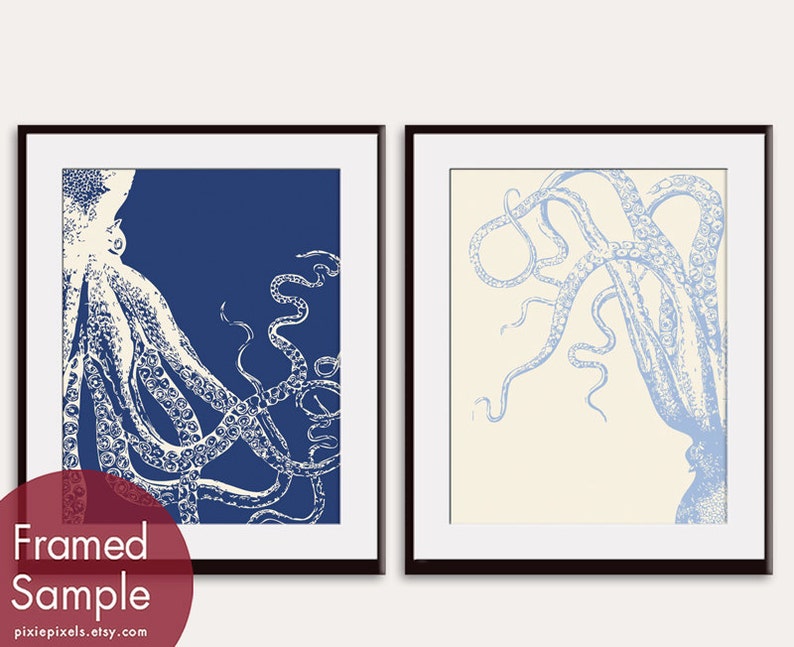 Octopus Wall Art Blue Octopus Art Print Unframed Nautical Home Decor Beach House Art Octopus Home Decor Set of 2 Art Prints image 1