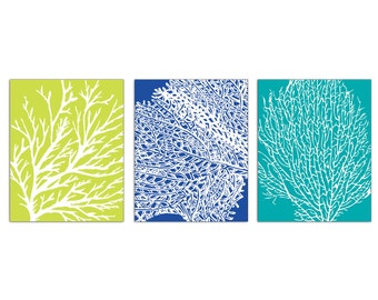 Underwater Sea Coral Collection  (Series B) Set of 3 - Art Prints (Nautical Beach Theme) Featured in Marine, Celery and Ocean Blue